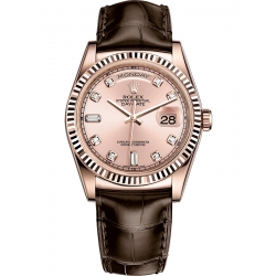 118135-0062 Rolex Day-Date 36 Everose Gold Diamond Pink Dial Tobacco Leather Watch