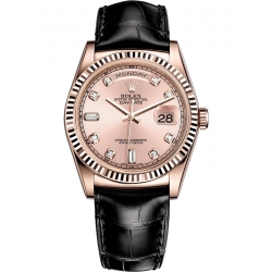 118135-0065 Rolex Day-Date 36 Everose Gold Diamond Pink Dial Black Leather Watch