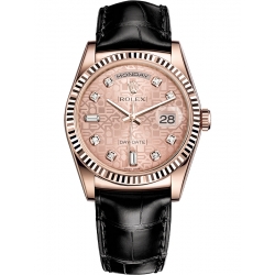 118135-0066 Rolex Day-Date 36 Everose Gold Diamond Pink Jubilee Dial Black Leather Watch