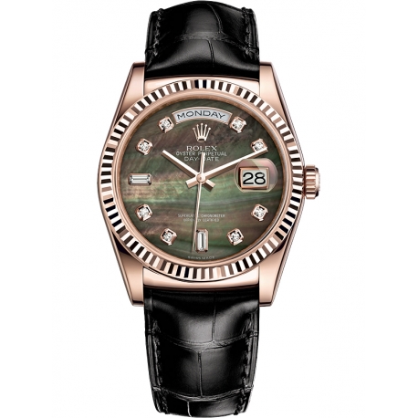 118135-0070 Rolex Day-Date 36 Everose Gold Diamond MOP Dial Black Leather Watch