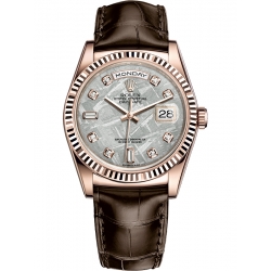 Rolex Day-Date 36 Everose Gold Diamond Meteorite Dial Brown Leather Watch 118135