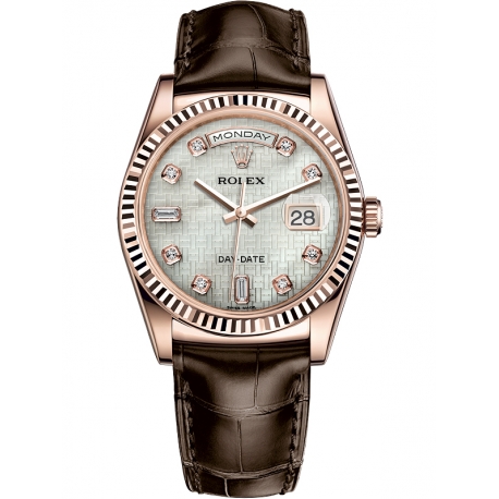 118135-0074 Rolex Day-Date 36 Everose Gold Diamond Oxford White MOP Dial Tobacco Leather Watch