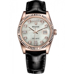 118135-0084 Rolex Day-Date 36 Everose Gold Diamond Oxford White MOP Dial Black Leather Watch