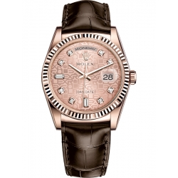 118135-0081 Rolex Day-Date 36 Everose Gold Diamond Pink Jubilee Dial Tobacco Leather Watch