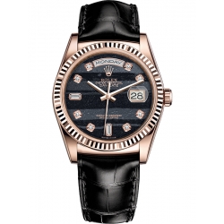 118135-0082 Rolex Day-Date 36 Everose Gold Diamond Ferrite Dial Black Leather Watch