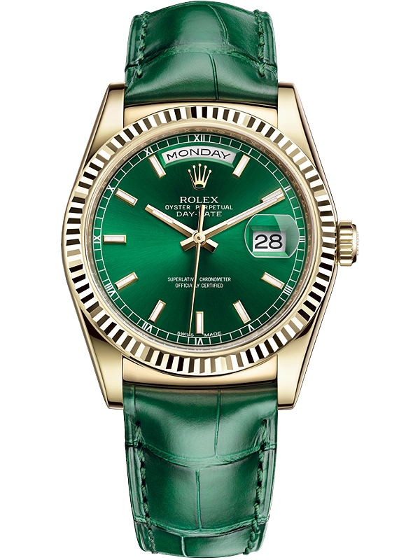 118138-0003 Rolex Day-Date 36 Gold Green Dial Leather