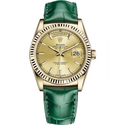 118138-0125 Rolex Day-Date 36 Yellow Gold Index Champagne Dial Green Leather Watch