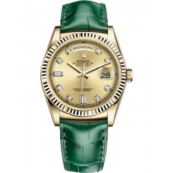 Rolex Day-Date 36 Yellow Gold Diamond Champagne Dial Green Leather Watch 118138
