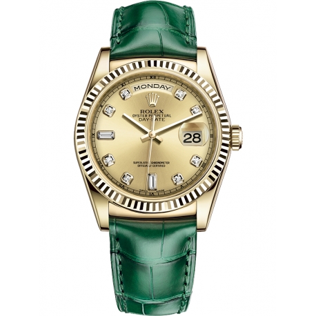 118138-0148 Rolex Day-Date 36 Yellow Gold Diamond Champagne Dial Green Leather Watch