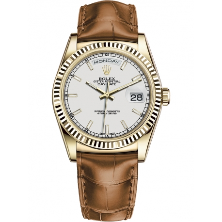 118138-0147 Rolex Day-Date 36 Yellow Gold Index White Dial Cognac Leather Strap Watch