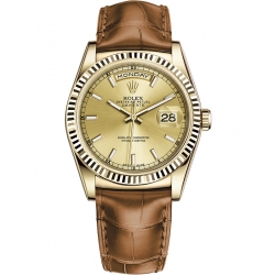 118138-0073 Rolex Day-Date 36 Yellow Gold Index Champagne Dial Cognac Leather Strap Watch