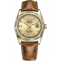 118138-0074 Rolex Day-Date 36 Yellow Gold Diamond Champagne Dial Cognac Leather Strap Watch
