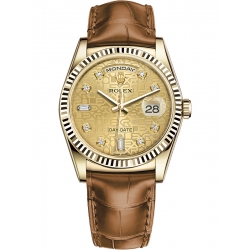 118138-0084 Rolex Day-Date 36 Yellow Gold Diamond Champagne Jubilee Dial Cognac Leather Watch