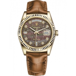 118138-0018 Rolex Day-Date 36 Yellow Gold Diamond Black MOP Jubilee Dial Cognac Leather Watch