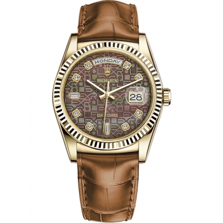 118138-0018 Rolex Day-Date 36 Yellow Gold Diamond Black MOP Jubilee Dial Cognac Leather Watch