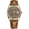 118138-0018 Rolex Day-Date 36 Yellow Gold Diamond Black MOP Jubilee Dial Cognac Leather Watch