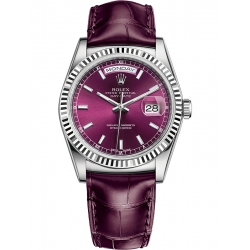 118139-0007 Rolex Day-Date 36 White Gold Index Cherry Dial Bordeaux Leather Strap Watch
