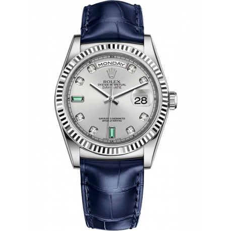 118139-0053 Rolex Day-Date 36 White Gold Diamond Emerald Rhodium Dial Blue Leather Strap Watch