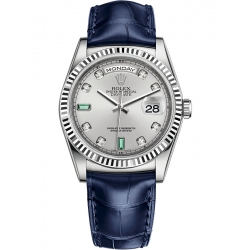 Rolex Day-Date 36 White Gold Diamond Rhodium Dial Blue Leather Watch 118139