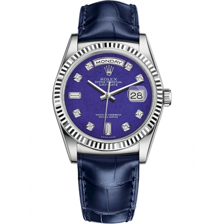 118139-0073 Rolex Day-Date 36 White Gold Diamond Lapis Lazuli Dial Blue Leather Strap Watch