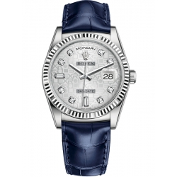 118139-0092 Rolex Day-Date 36 White Gold Diamond Silver Jubilee Dial Blue Leather Strap Watch