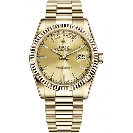 118238-0103 Rolex Day-Date 36 Yellow Gold Index Champagne Dial President Watch