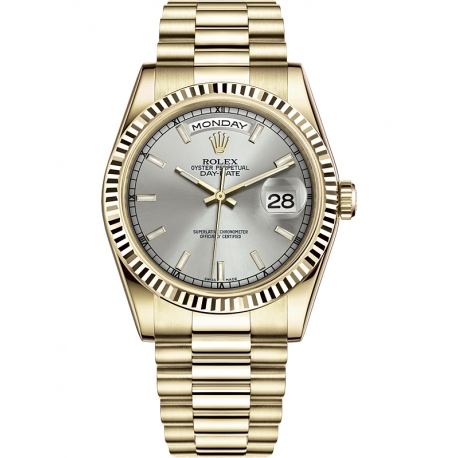 118238-0106 Rolex Day-Date 36 Yellow Gold Index Silver Dial President Watch