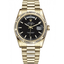 118238-0107 Rolex Day-Date 36 Yellow Gold Index Black Dial President Watch