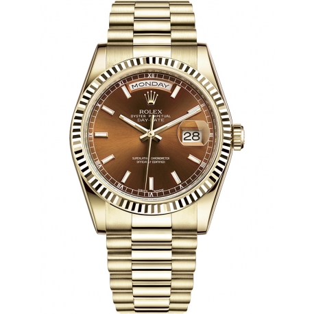 118238-0418 Rolex Day-Date 36 Yellow Gold Index Cognac Dial President Watch