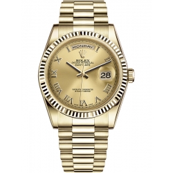 118238-0108 Rolex Day-Date 36 Yellow Gold Roman Numerals Champagne Dial President Watch