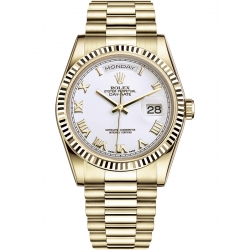 118238-0122 Rolex Day-Date 36 Yellow Gold Roman Numerals White Dial President Watch