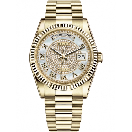 118238-0123 Rolex Day-Date 36 Yellow Gold Roman Numerals White MOP Diamond Paved Dial President Watch