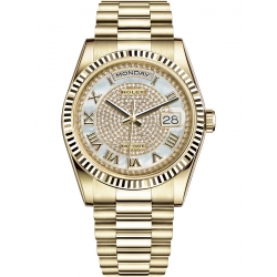 Rolex Day-Date 36 Yellow Gold Diamond Paved MOP Dial President Watch 118238