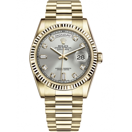 118238-0067 Rolex Day-Date 36 Yellow Gold Diamond Silver Dial President Watch