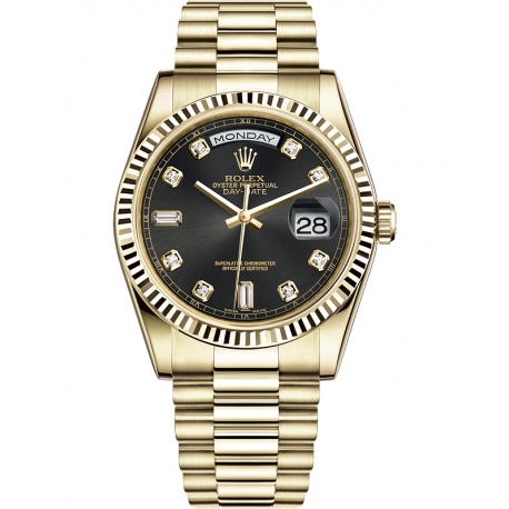 118238-0076 Rolex Day-Date 36 Yellow Gold Diamond Black Dial President Watch