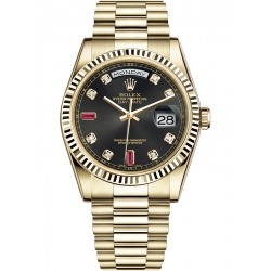 Rolex Day-Date 36 Yellow Gold Diamond Ruby Black Dial President Watch 118238