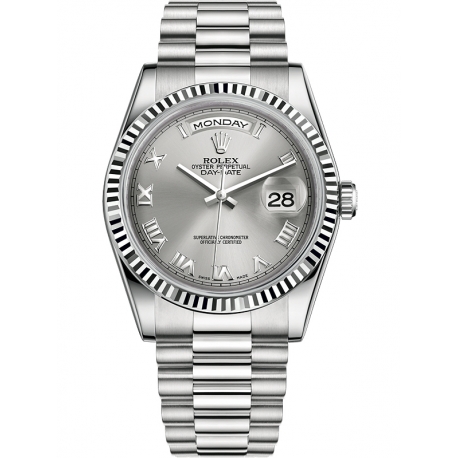 118239-0082 Rolex Day-Date 36 White Gold Roman Numerals Rhodium Dial President Watch