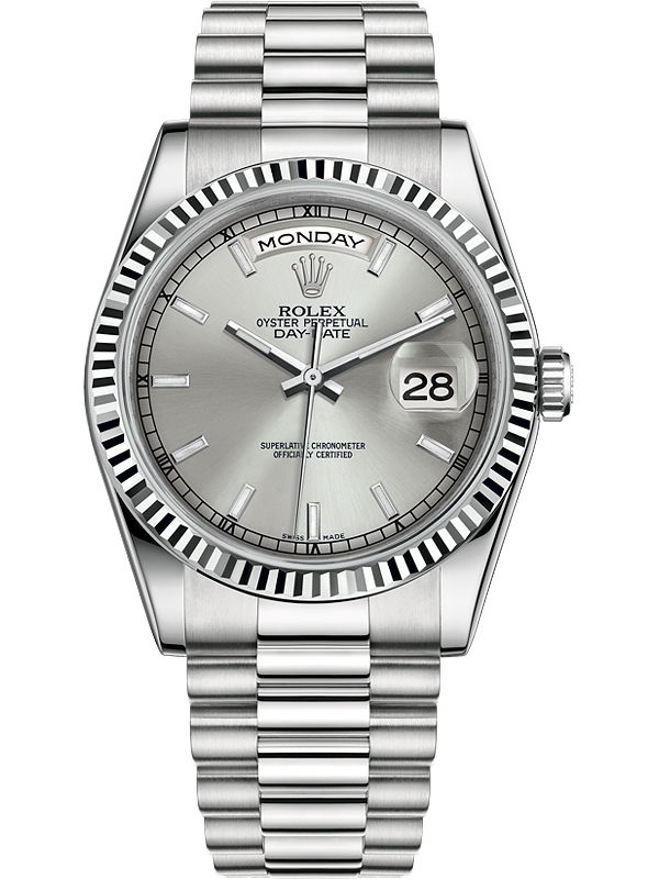 rolex day date white gold silver dial