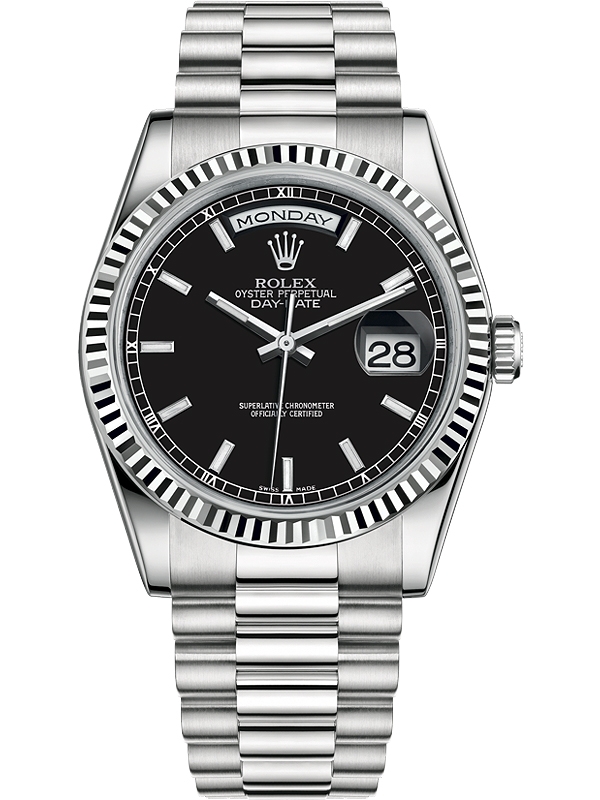 118239-0090 Rolex Day-Date White Gold Index Black Dial Watch