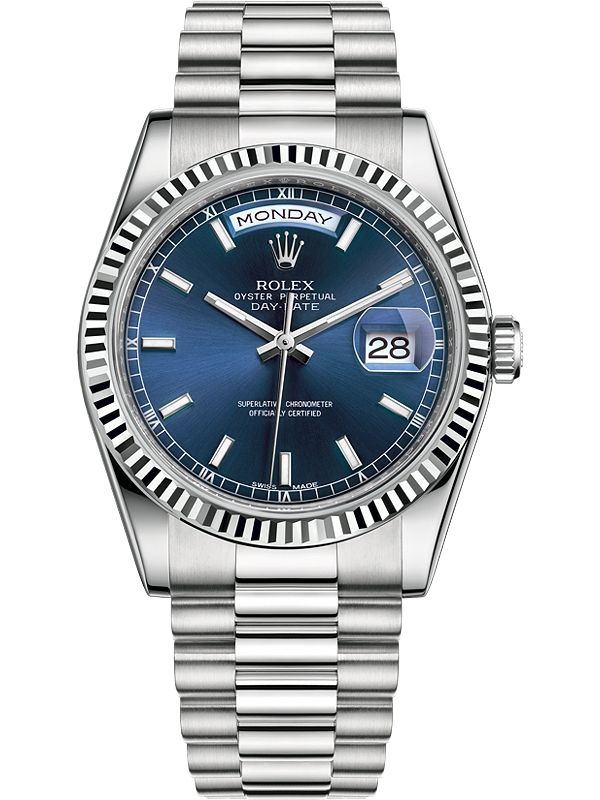 kone At placere diskriminerende 118239-0287 Rolex Day-Date 36 White Gold Index Blue Dial Watch