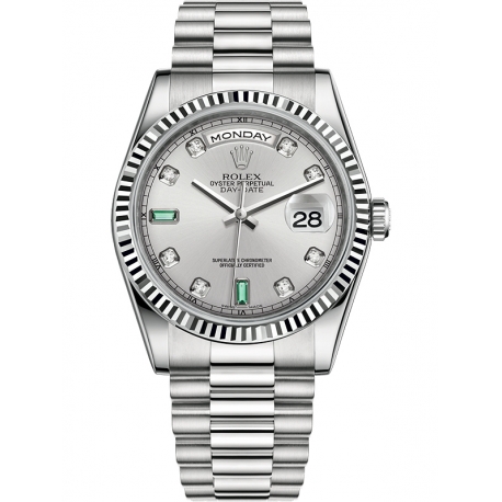 118239-0269 Rolex Day-Date 36 White Gold Diamond Emerald Rhodium Dial President Watch