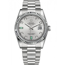 Rolex Day-Date 36 White Gold Diamond Emerald Rhodium Dial President Watch 118239