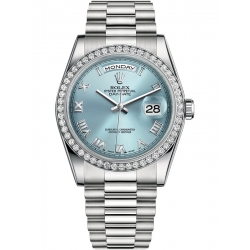 118346-0023 Rolex Day-Date 36 Platinum Diamond Bezel Roman Numerals Ice Blue Dial President Watch