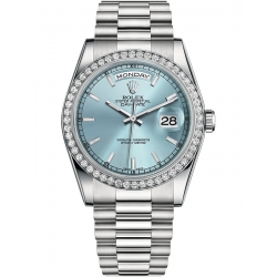 Rolex Day-Date 36 Platinum Diamond Bezel Index Ice Blue Dial President Watch 118346