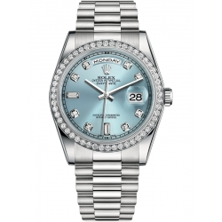 Rolex Day-Date 36 Platinum Diamond Bezel Ice Blue Dial President Watch 118346