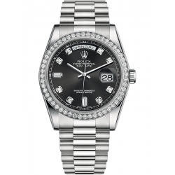 Rolex Day-Date 36 Platinum Diamond Bezel Black Dial President Watch 118346