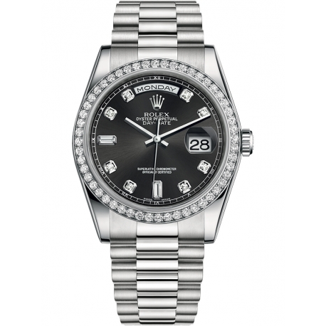 118346-0065 Rolex Day-Date 36 Platinum Diamond Bezel Black Dial President Watch