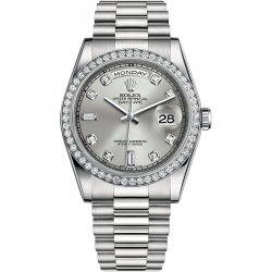 Rolex Day-Date 36 Platinum Diamond Bezel Silver Dial President Watch 118346