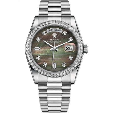 118346-0026 Rolex Day-Date 36 Platinum Diamond Bezel Black MOP Dial President Watch