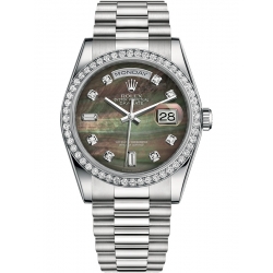 Rolex Day-Date 36 Platinum Diamond Bezel Black MOP Dial President Watch 118346